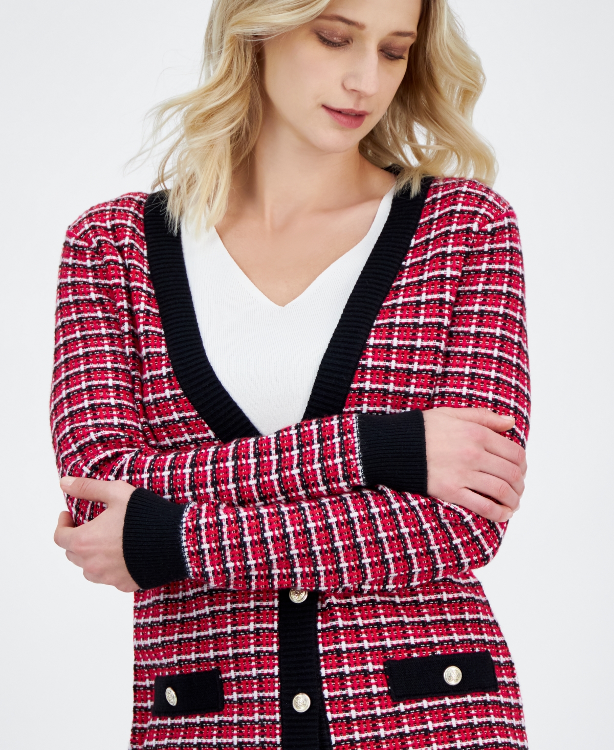T Tahari Women's Check Contrast-trim V-neck Cardigan In Pink Heart Combo