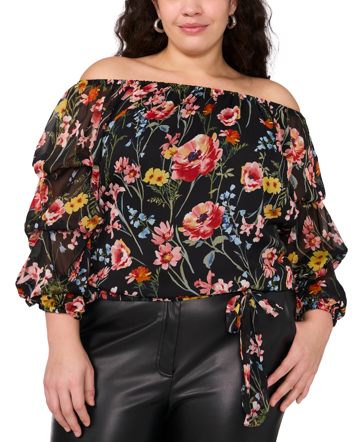 VINCE CAMUTO PLUS SIZE FLORAL OFF-THE-SHOULDER BUBBLE 3/4-SLEEVE TIE-FRONT BLOUSE 