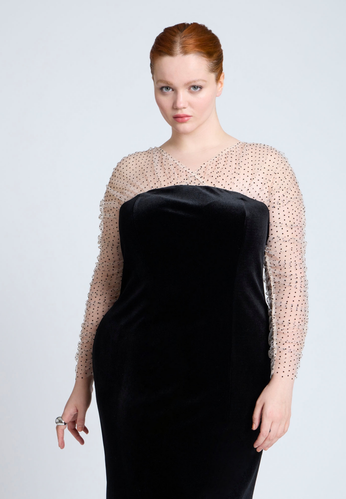 Eloquii Plus Size Velvet Midi Dress With Polka Dot Sleeve