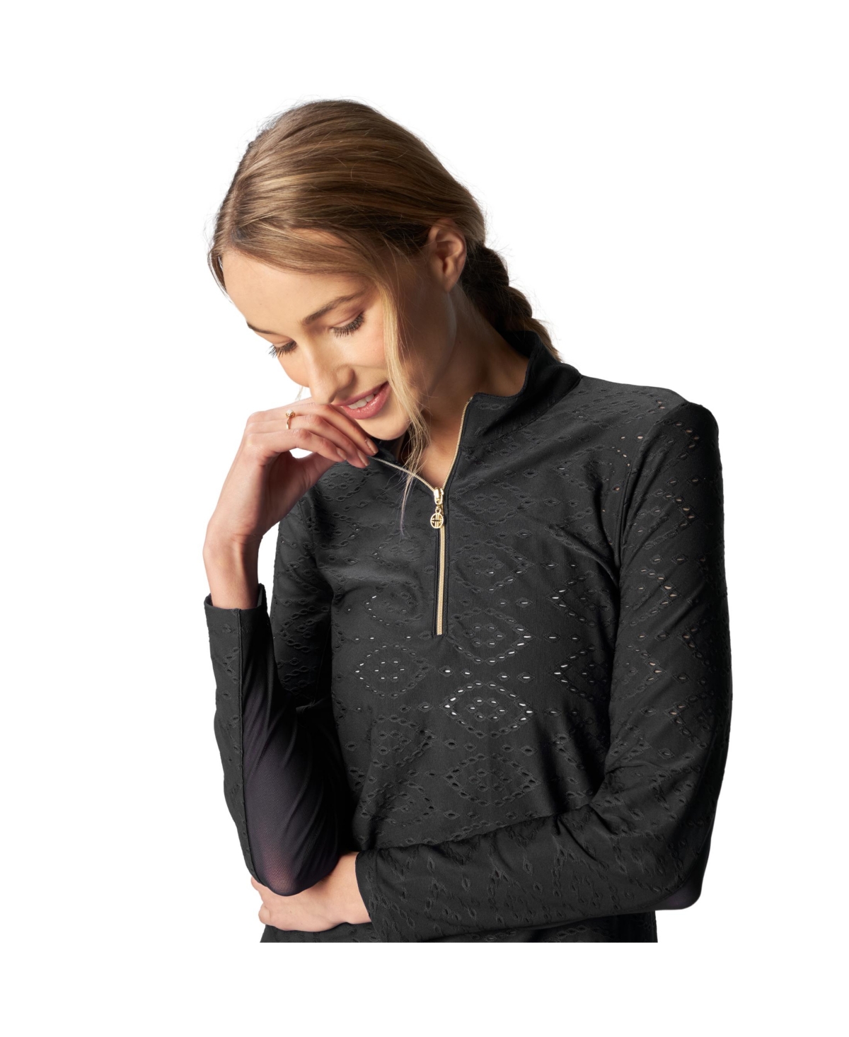 Women's G Lifestyle Long Sleeve Mock Neck Top - Black eyelet