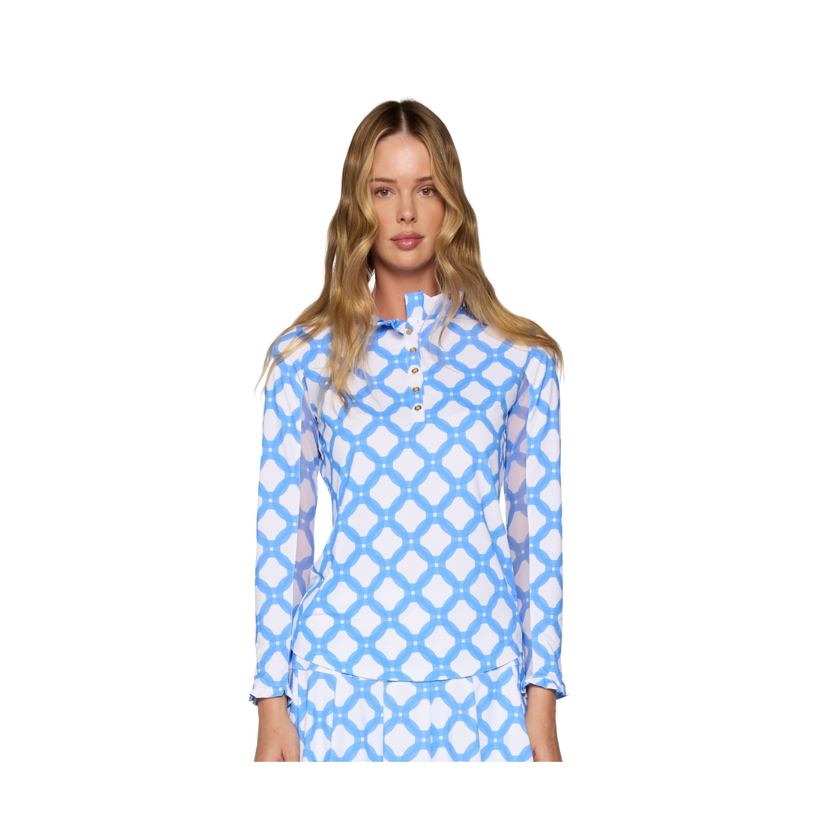 Women's G Lifestyle Long Sleeve Ruffle Top With Buttons - Bt peri circle geo