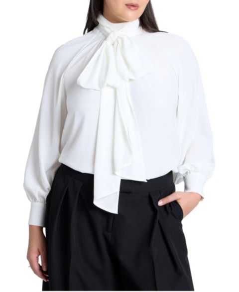 Женская блузка ELOQUII Dramatic Neck-Tie, цвет: Sugar Swizzle