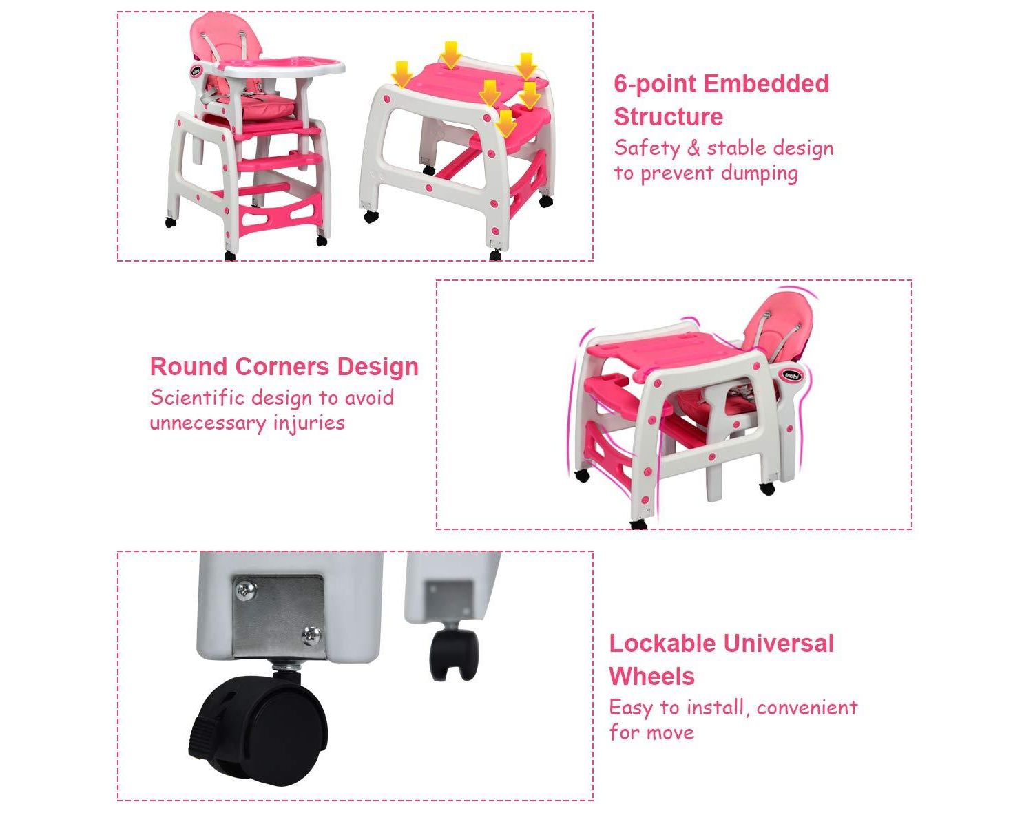 3-in-1 Baby High Chair with Lockable Universal Wheels