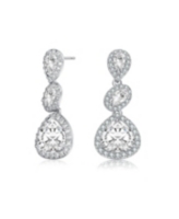 Genevive Sterling Silver White Gold Plated with Clear Pear, Oval & Round Cubic Zirconia Halo Three Tier Drop Earrings - White