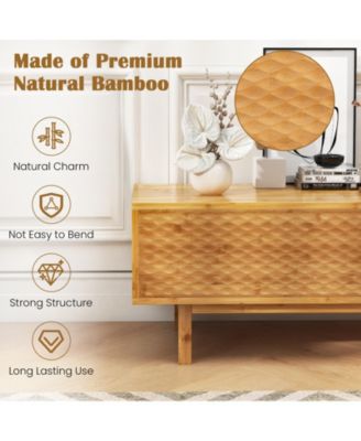 63 Inches Mid Century Modern Bamboo TV Stand with Sliding Doors