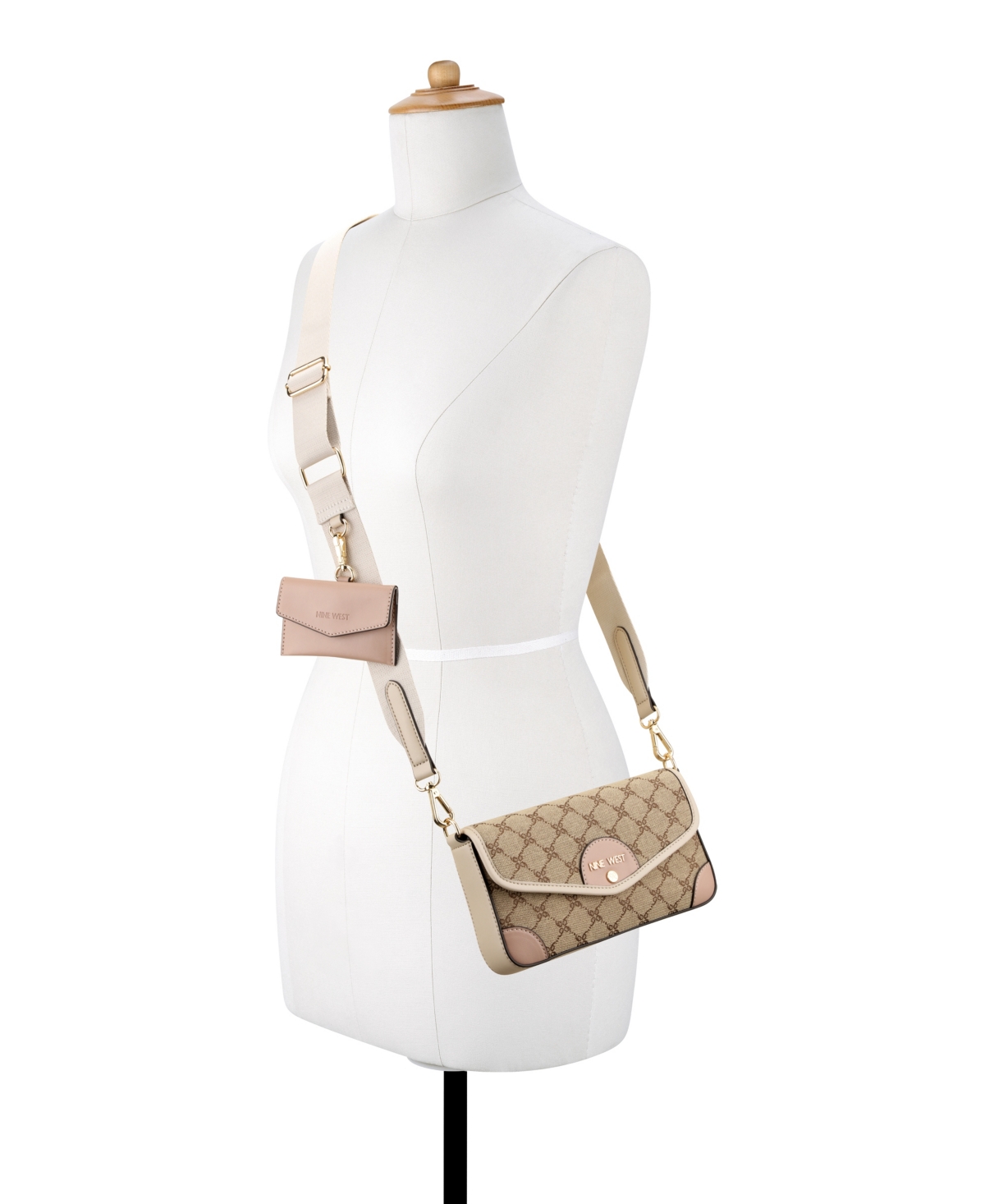 Nine West Peaches Flap Crossbody Bag With Card Case In Mocha Logo Multi