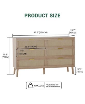 6 Drawer Rattan Dresser, 47.2" x 15.7" x 29.5" Rattan Chest of Dressers, Mid Century Modern Dresser for Closet with Handles, Large Table Top, Dresser Bedroom, Living Room, Hallway, Entryway