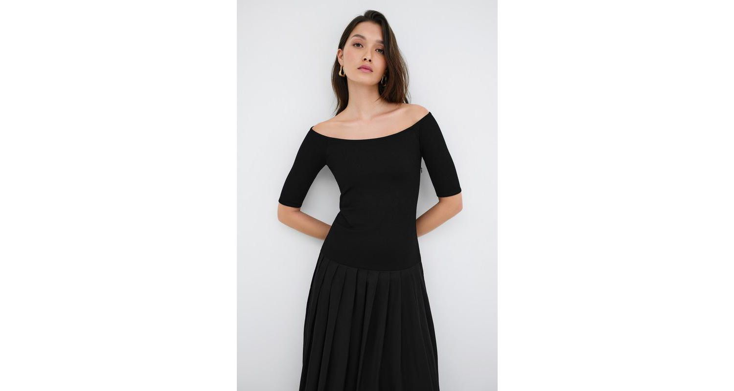 Women's Mila Off-Shoulder Dropped-Waist Pleated Cotton Dress with Pockets