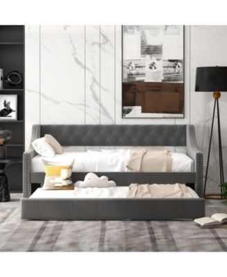 Twin Size Daybed with Trundle Sofa Bed with Curved Armrests and Backrest