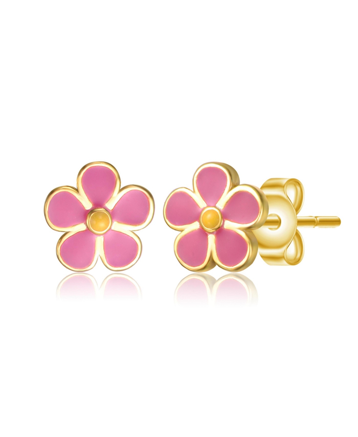 Sterling Silver 14K Gold Plated Fuchsia-Pink & Yellow Enamel Daisy Stud Earrings - Pink