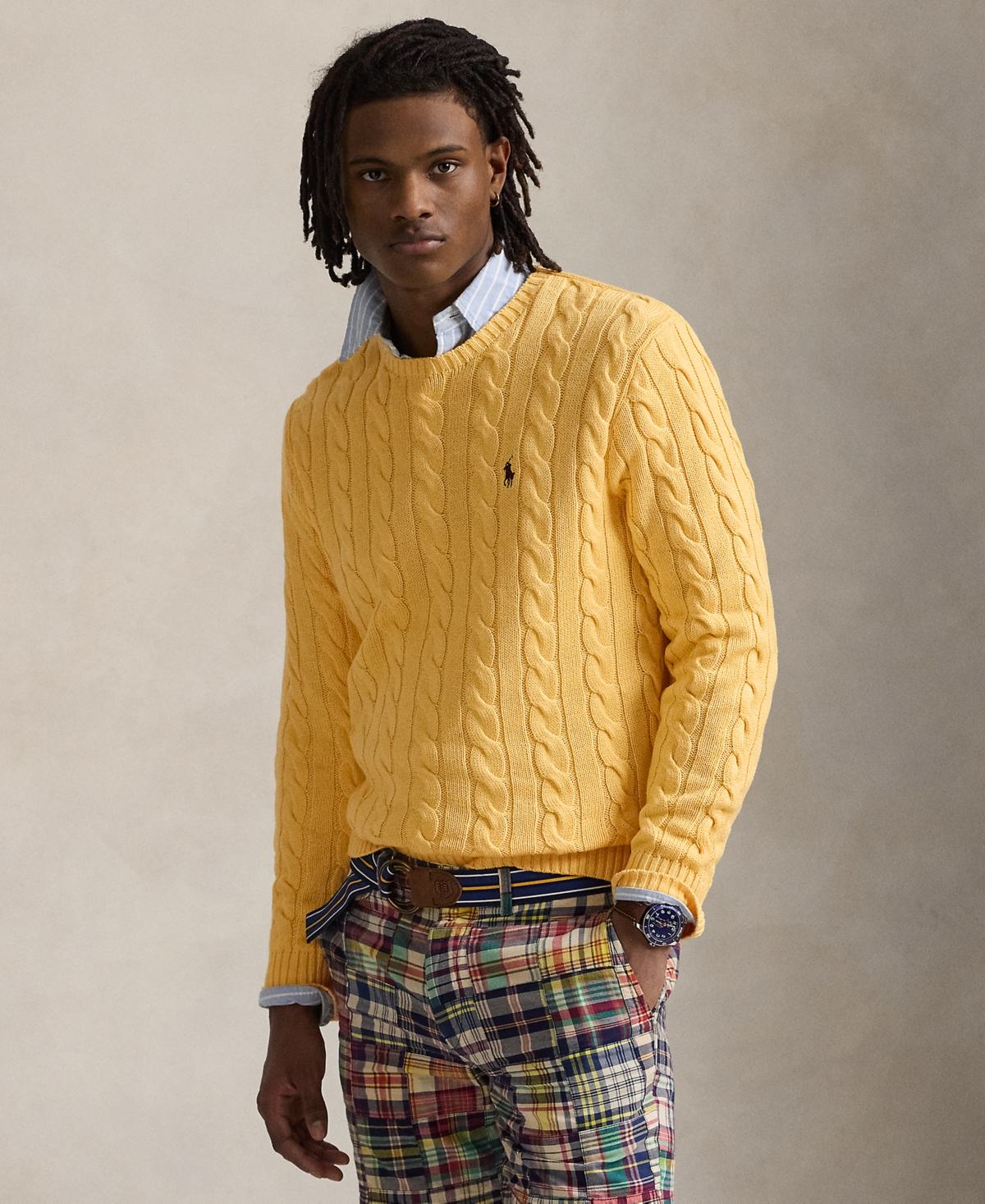 Men's Cable-Knit Cotton Sweater - Fall Yellow
