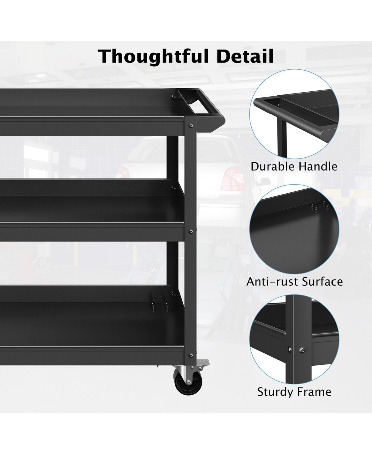 Gouun 3-Tier Metal Utility Cart Trolley Tool with Flat Handle and 2 Lockable Universal Wheels