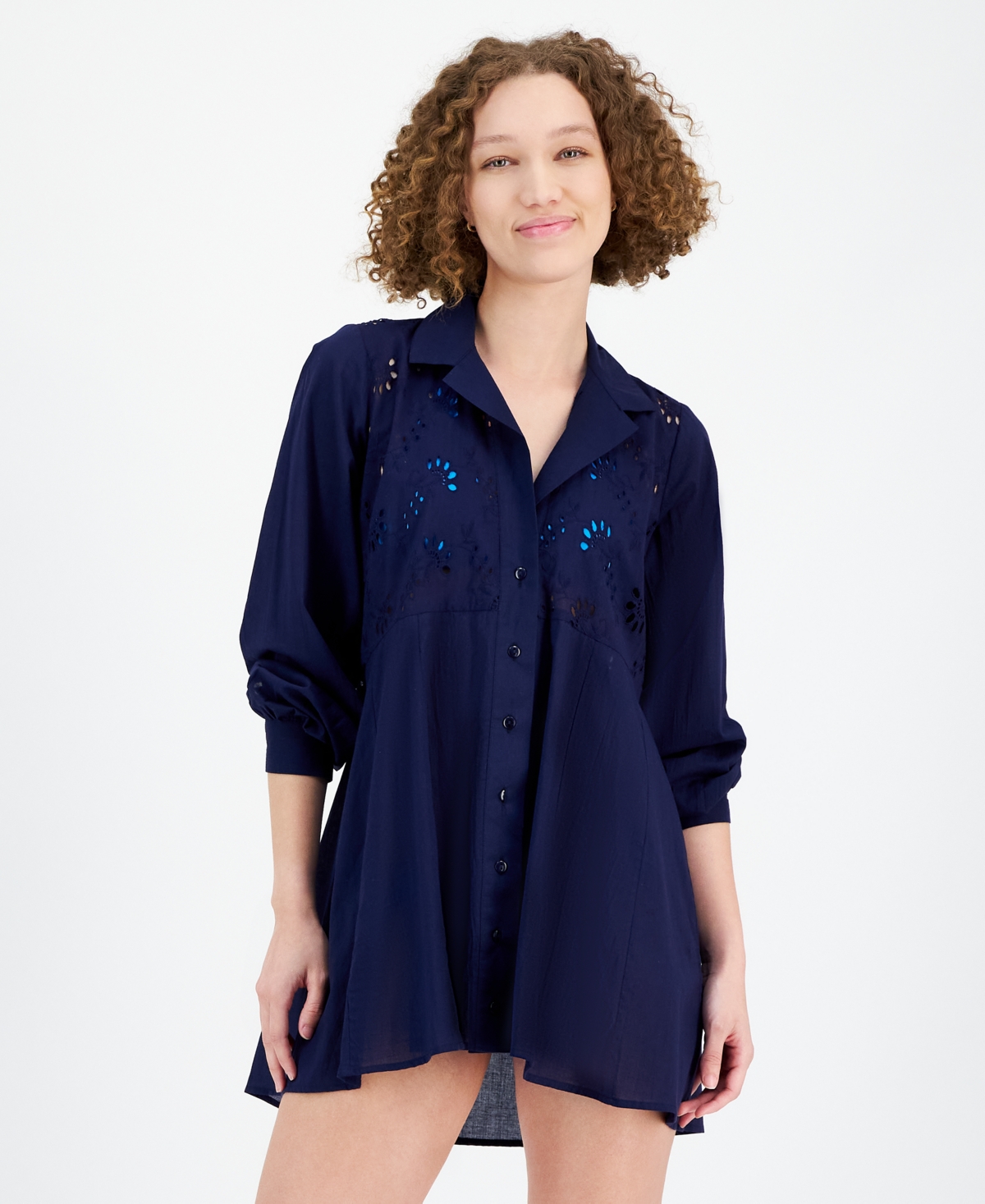 Women's Eyelet Button-Down Cover-Up - Navy