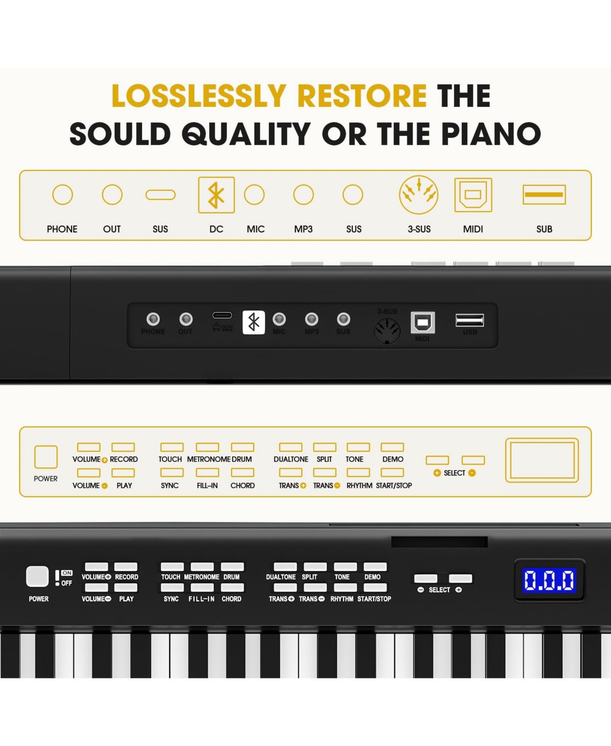 Sugift88 Keys Folding Piano Keyboard for Beginner Portable Electric Piano with Stand and Sustain Pedal - Black