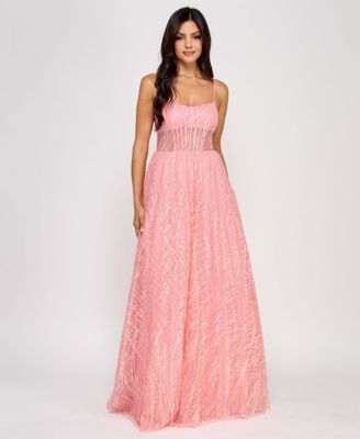 Junors' Illusion-Front Lace-Up-Back Glitter Gown, Created for Macy's
