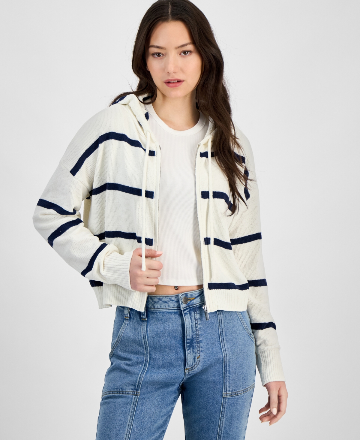 Juniors' Striped Hoodie Sweater - White/Navy