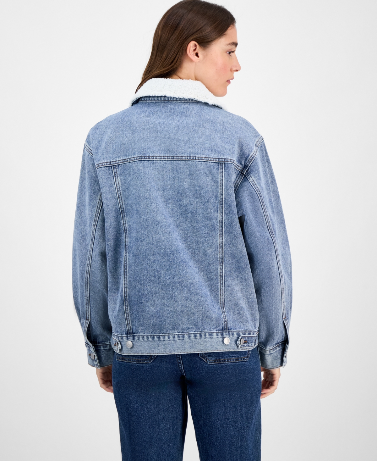 MADDEN GIRL JUNIORS' FAUX-SHERPA BOYFRIEND DENIM JACKET 
