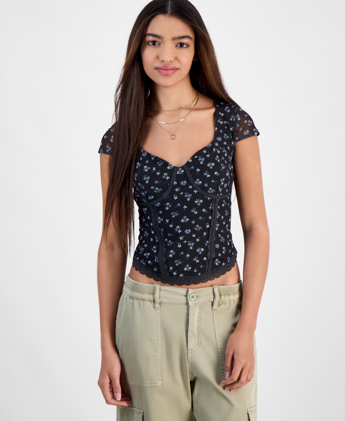Juniors' Corset Short-Sleeve Mesh Top - White Floral
