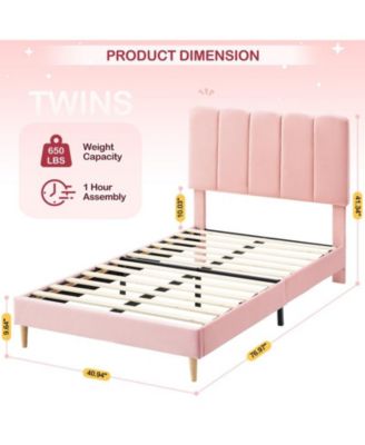 Pink Twin Bed Frame, Velvet Upholstered Platform Bed Frame with Headboard, Strong Wooden Slats, Noise-Free,No Box Spring Needed, Easy Assembly