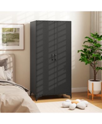 62 Inch Wicker Wardrobe with 2 Doors PE Rattan Closet with Hanging Rod