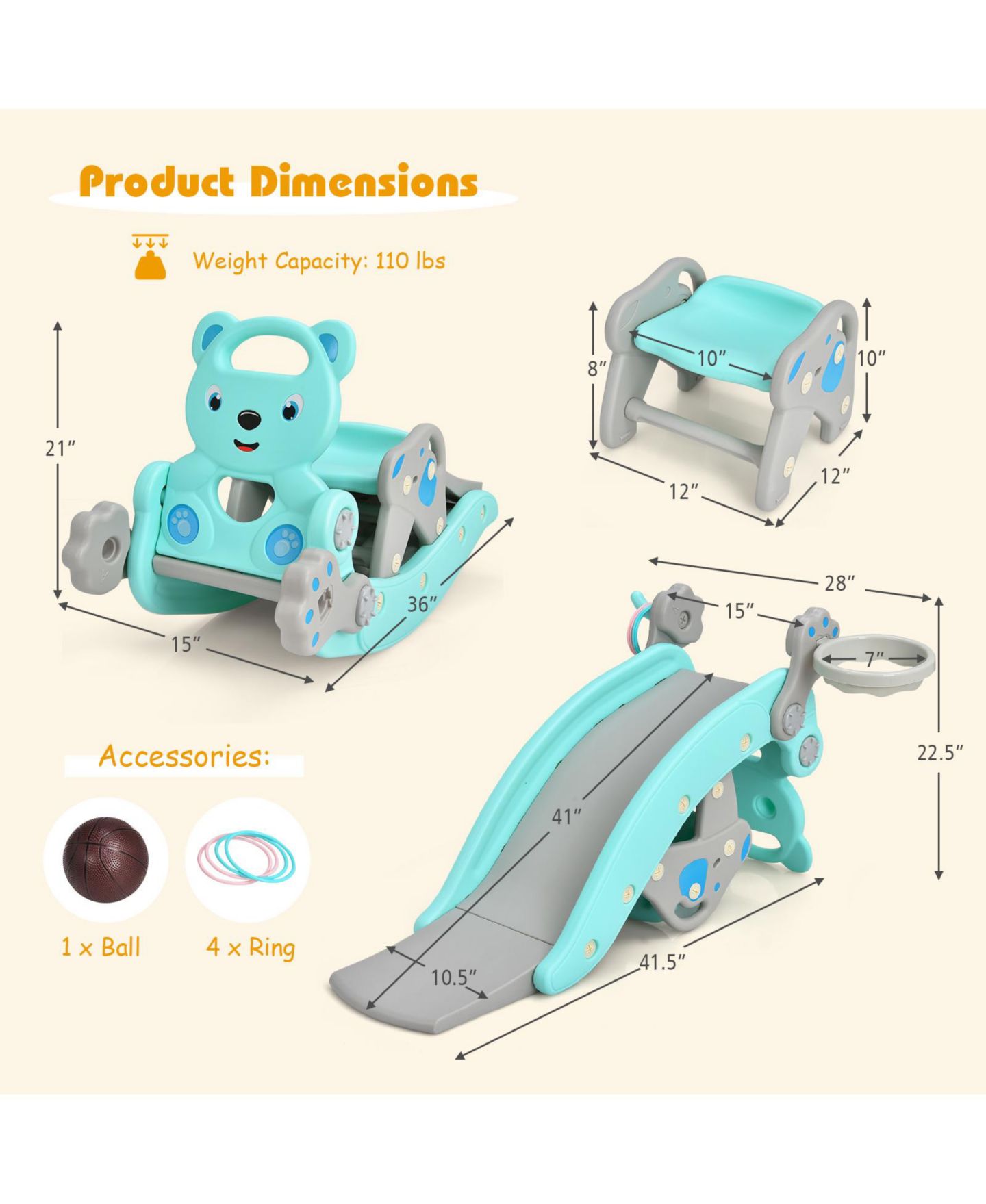 Детский игровой набор GOUUN 4-in-1 Toddler Rocking Horse Playset with Slide & Basketball Hoop, Ages 1-5, цвет: Синий — фото 2