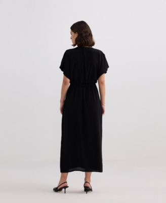 Women's V-neck Gathered Maxi Dress in Black