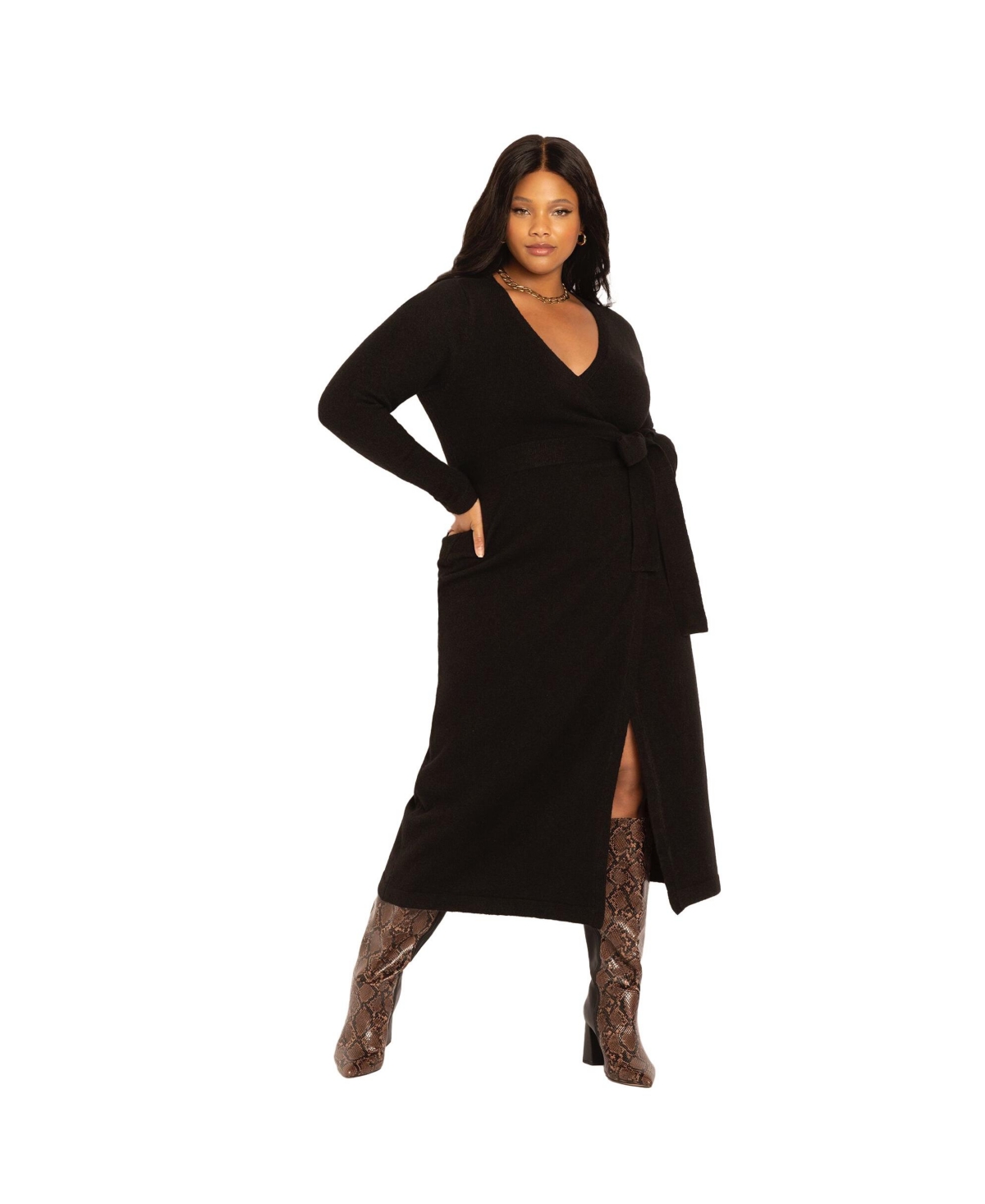 Women's Sweater Wrap Dress - Black onyx