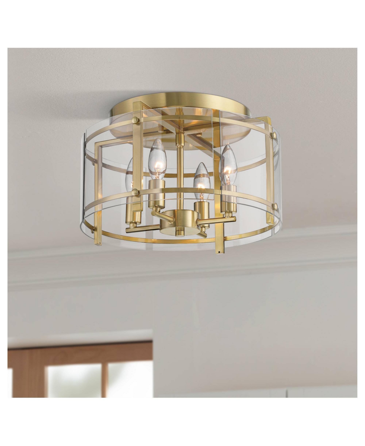 Raye 13 3/4" Modern Semi Flush-Mount Ceiling Light Fixture Kitchen Foyer Hallway Drum Round 4-Light Soft Gold Finish Glass Bedroom Bathroom Entryway L