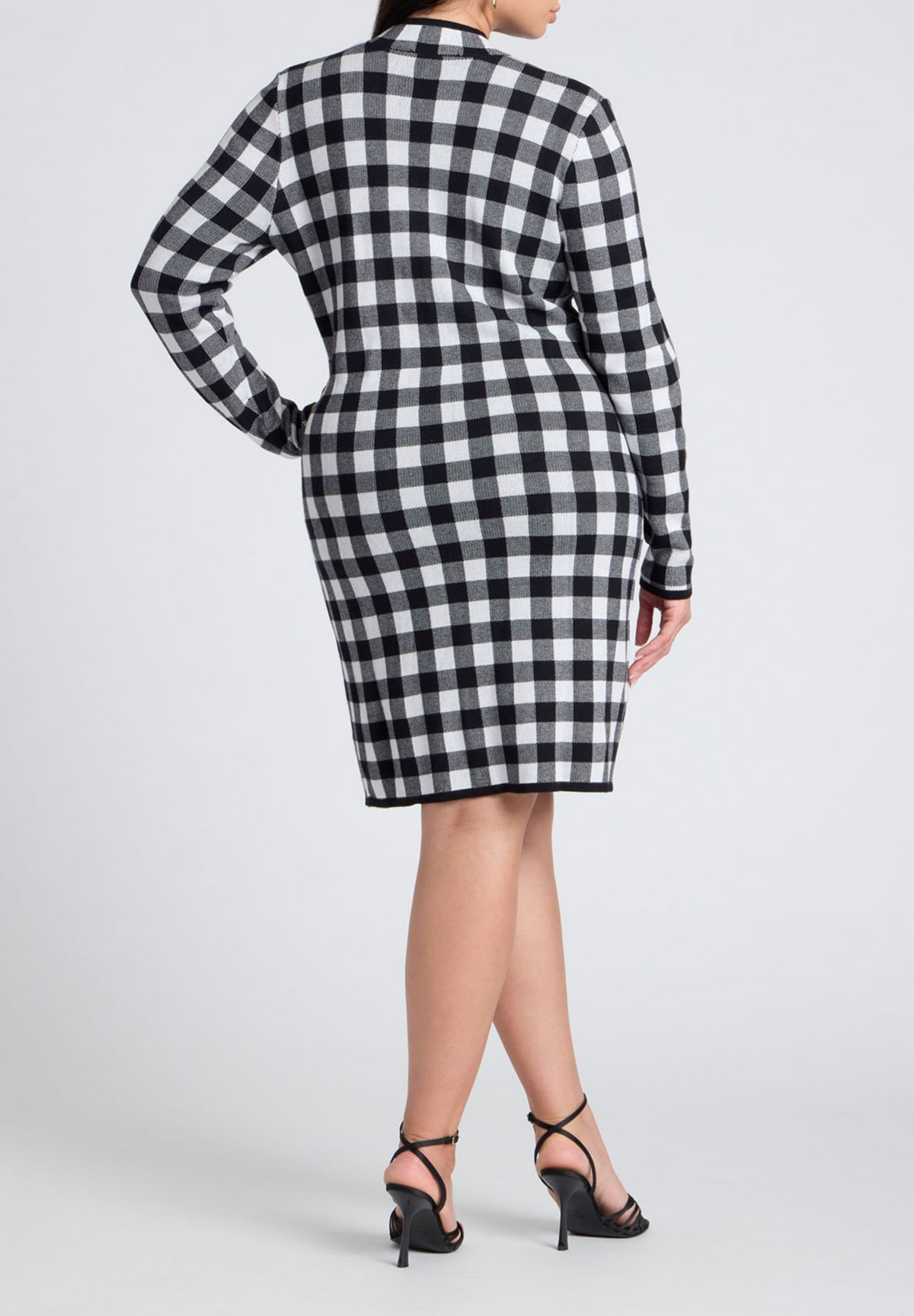 Eloquii Plus Size Intarsia Long Sleeve Drees - Black and white gingham