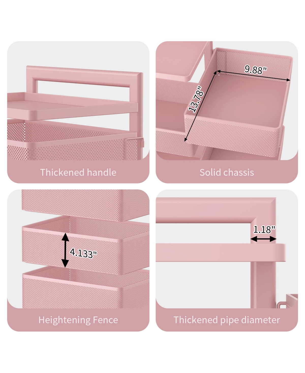 4 Tier Metal Utility Cart with Lockable Wheels, Rotating Shelf Household Organization Rack Corner