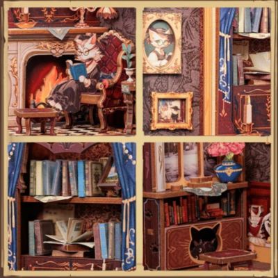Book Nook Kit - DIY Dollhouse Miniature House Kit for Adults, Teens and Beginners, Tiny House Booknook Bookshelf Decor 3D Wooden Puzzle, Gifts for Family, Friends (Count Cat's Study