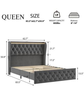 Queen LED Bed Frame with Charging Station, Velvet Upholstered Platform Bed Frame with Button Wingback Headboard, Metal Frame with No Box Spring Needed