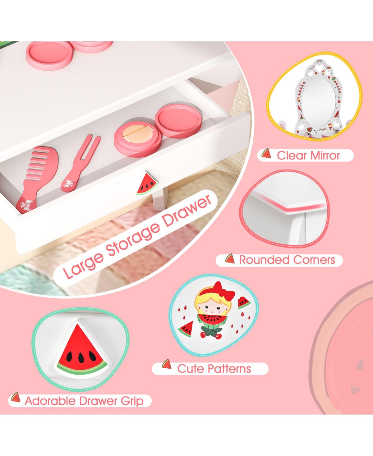 Gouun 1 Children Pretend Makeup Vanity Set with Removable Mirror and Storage Drawer