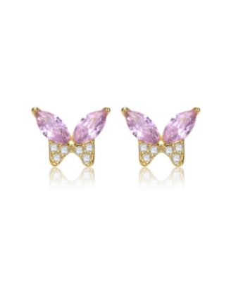 14k Gold Plated with Pink Cubic Zirconia Butterfly Stud Earrings