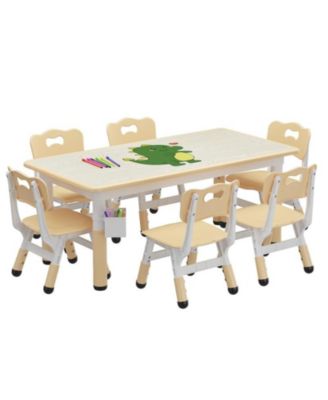 Kids Table and 6 Chair Set with Storage Box, Height Adjustable Toddler Table and Chairs Set for Ages 2-10, Graffiti Desktop, Non-Slip Legs, Children Activity Table for Daycare Classroom Home
