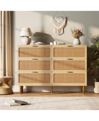 1Pc Rattan & Wood 6-Drawer, Wide Top & Deep Drawers Double Dresser