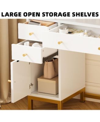 Vanity Desk with Mirror and Lights, Large Makeup Vanity with Charging Station and Storage Cabinet, 3 Lighting Modes Adjustable, Dressing Table with Drawers for Bedroom