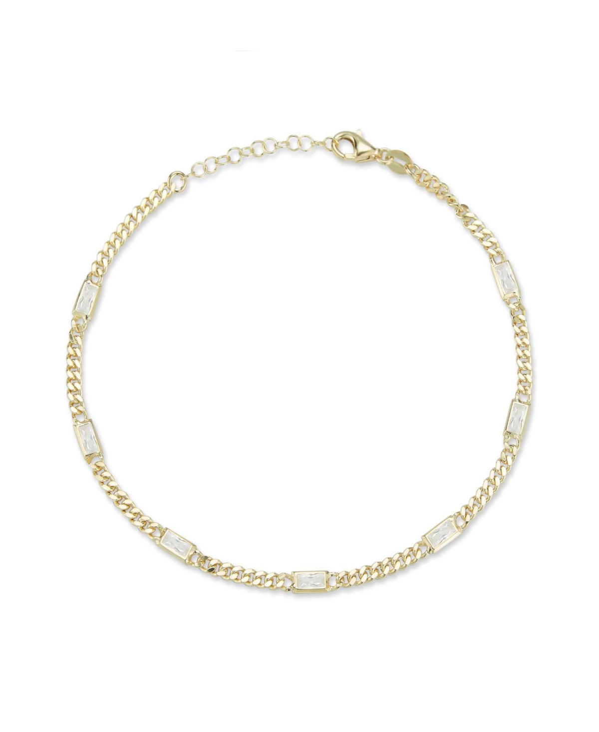 14K Gold Plated Sterling Silver Curb Chain Anklet With Baguette Stones - Gold