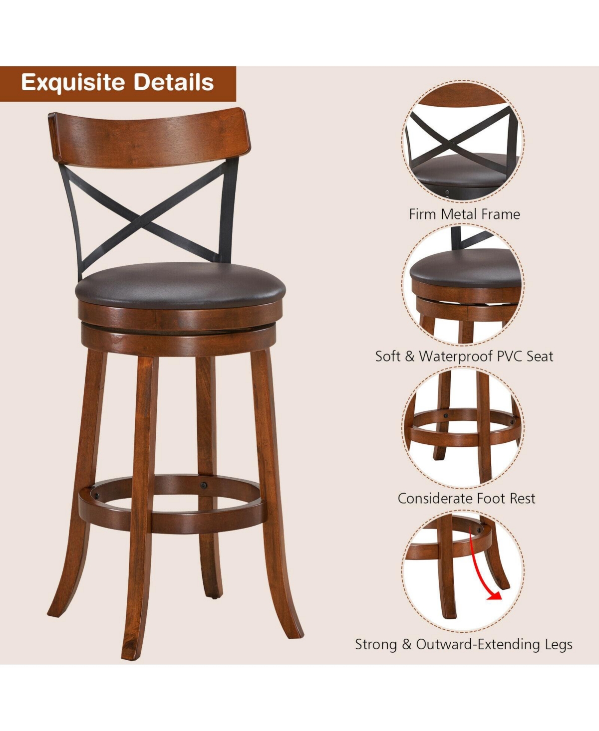 Gouun Set of 2 Bar Stools 360-Degree Swivel Dining Bar Chairs with Rubber Wood Legs-29.5 inch