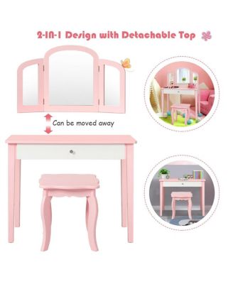Kids Princess Make Up Dressing Table with Tri-folding Mirror and Chair