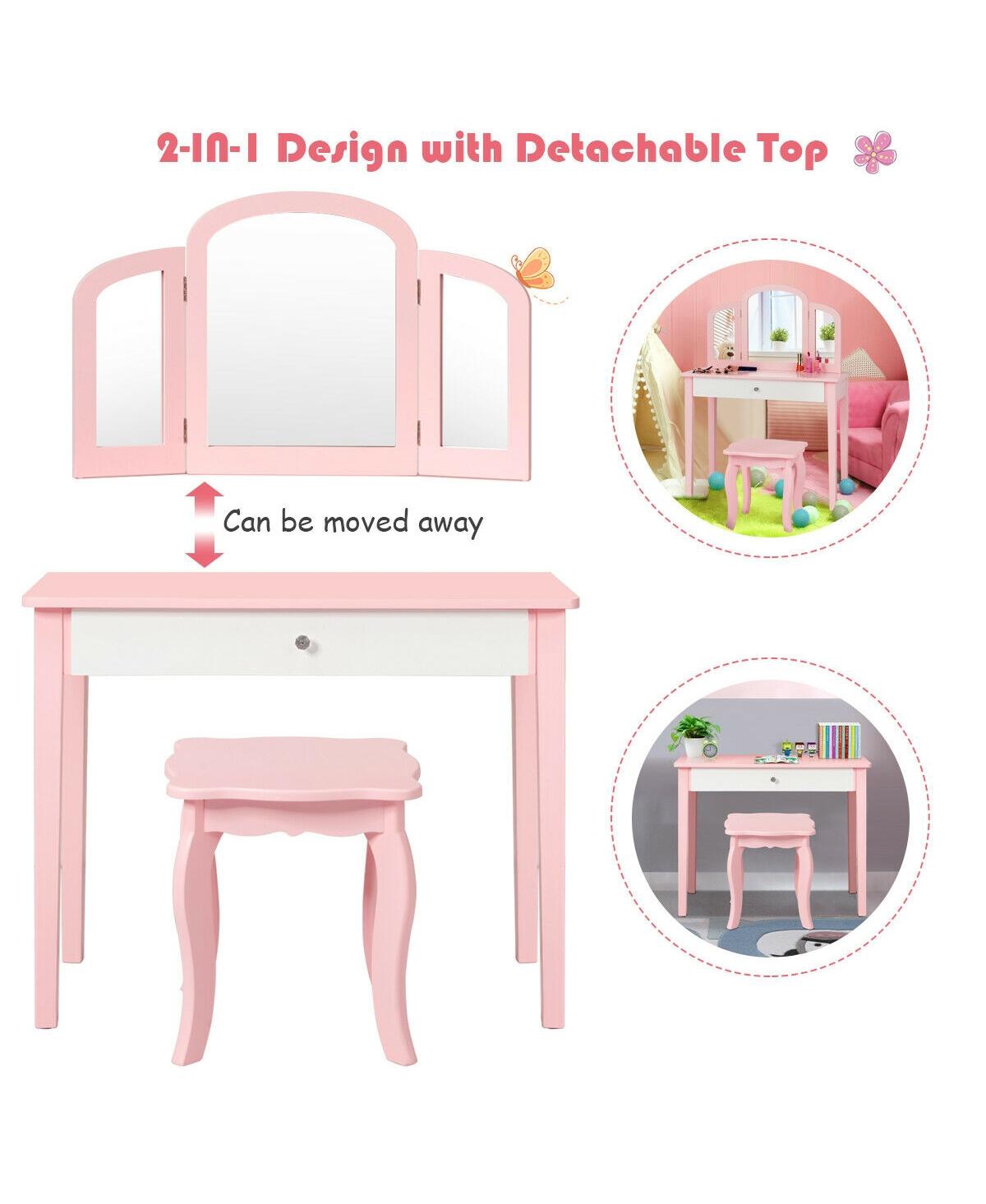 Gouun Kids Princess Make Up Dressing Table with Tri-folding Mirror and Chair