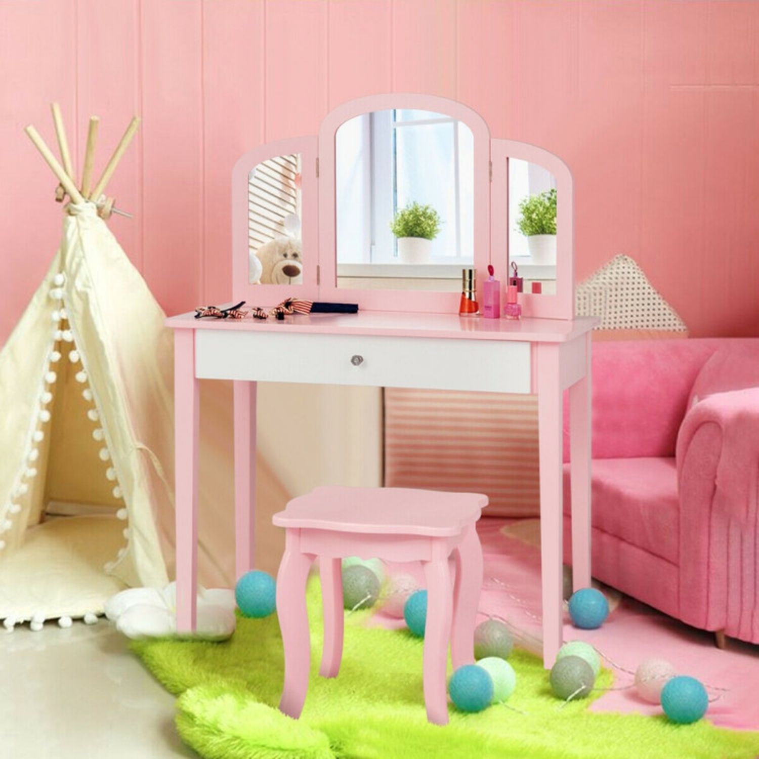 Kids Princess Vanity Dressing Table Set with Tri-Fold Mirror and Chair
