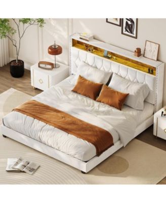 King Size Bed Frame with LED Lights and Charging Station, Velvet Upholstered Platform Bed Frame with Storage Headboard and Nailhead Trim Wingback, No Box Spring Needed/Wood Slats