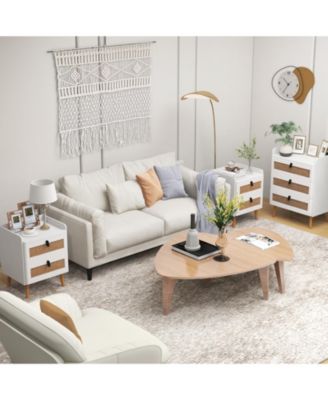 Modern End Table Bedside Table with 2 Rattan Decorated Drawers