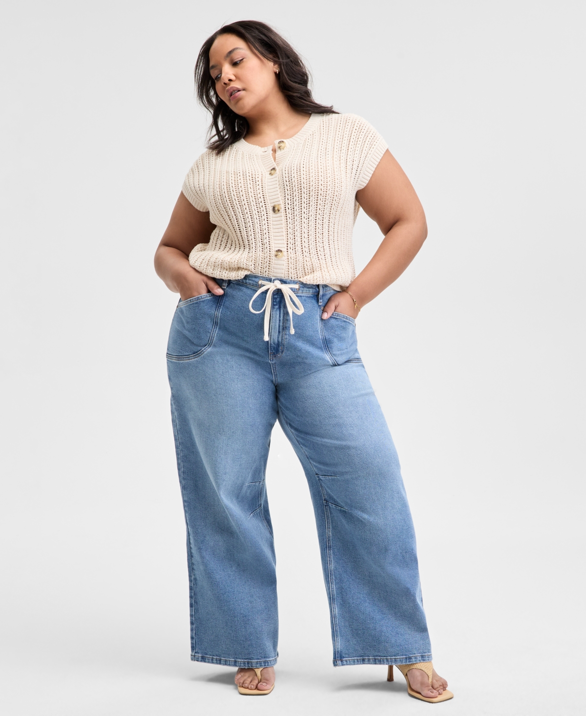 Shop And Now This Trendy Plus Size Tie-waist Wide-leg Jeans, Exclusively At Macy's In Dream Team