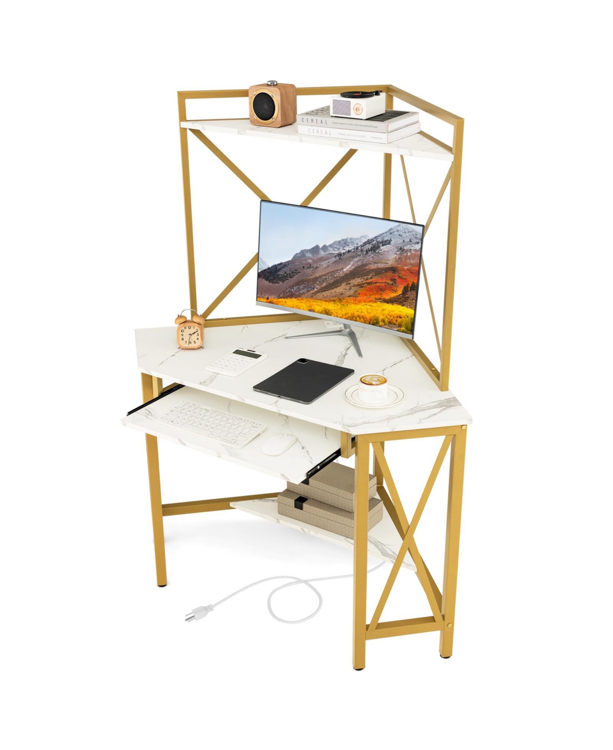 Gouun Space-Saving Corner Computer Desk with with Hutch and Keyboard Tray