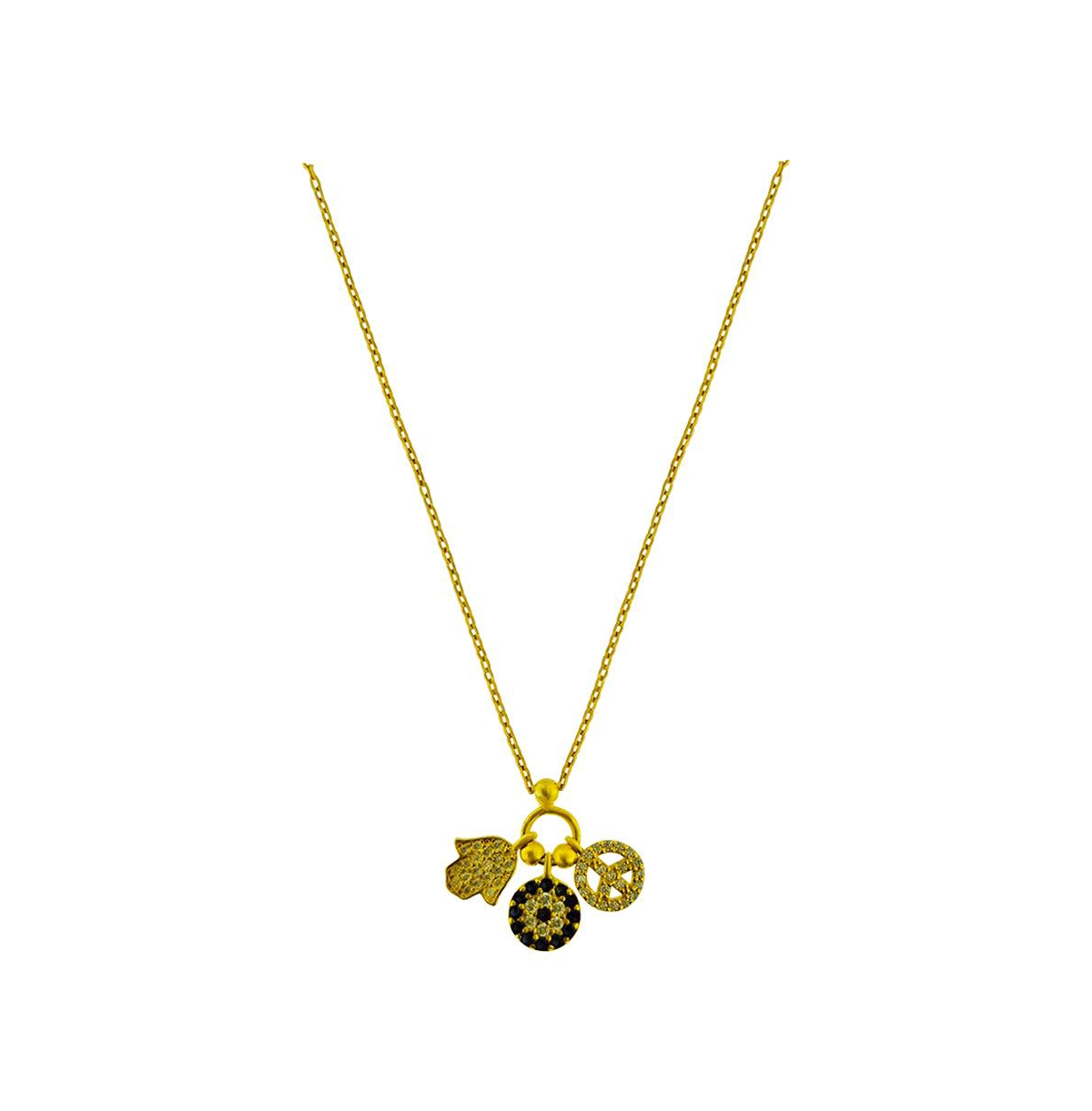 Evil Eye Peace Sign Hamsa Gold Tone Charm Necklace Pave Cubic Zirconia - Gold and blue