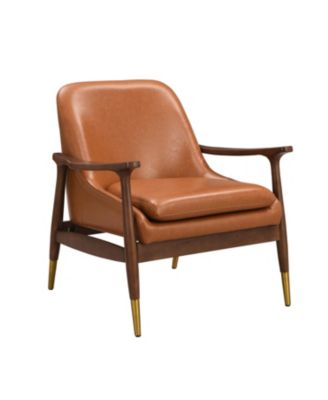 9.2'' Mid-Century Faux Leather Accent Chair with Cushioned Seat, Solid Wood Frame, and Brass-Tipped Legs，Brown