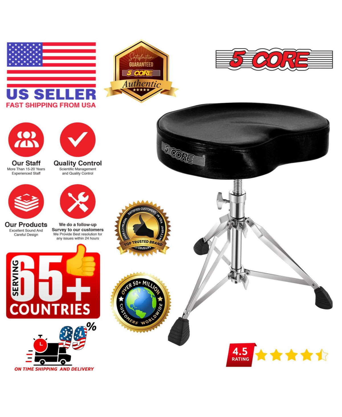 5 Core Drum Throne Height Adjustable Heavy Duty Guitar Stool Thick Padded Comfortable Drummer Chair Ds Ch Blk Sdl Hd