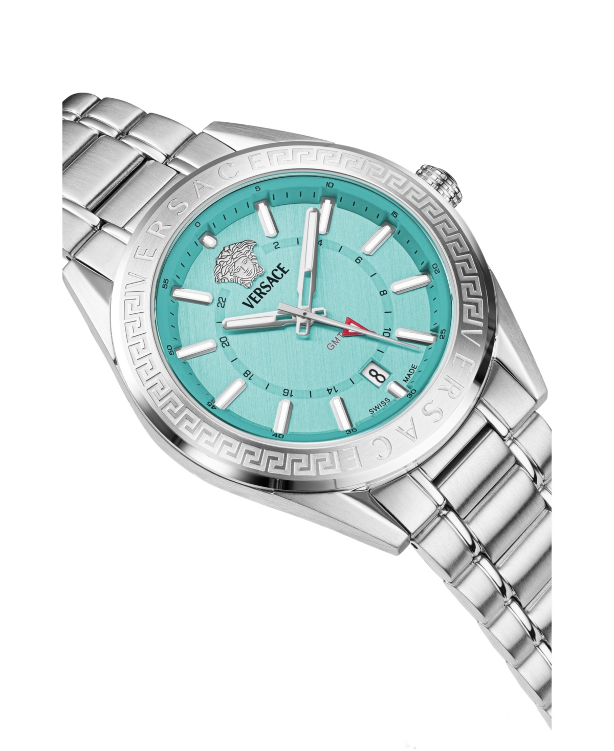 Versace Men's V-code Silver Stainless Steel Bracelet Watch, 42mm In Silver,blue